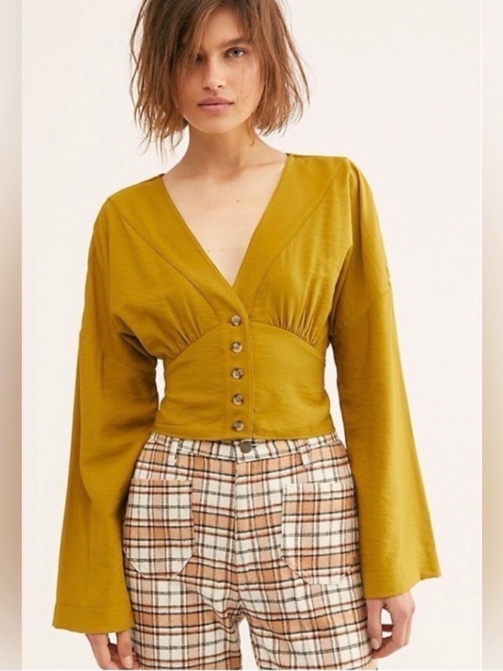 Free People Mustard Yellow V-Neck Button Front Blouse